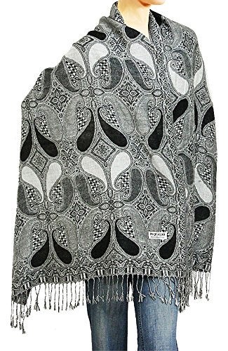 Falari Women's Woven Pashmina Shawl Wrap Scarf 80" x 27" Black Grey White - Image 5