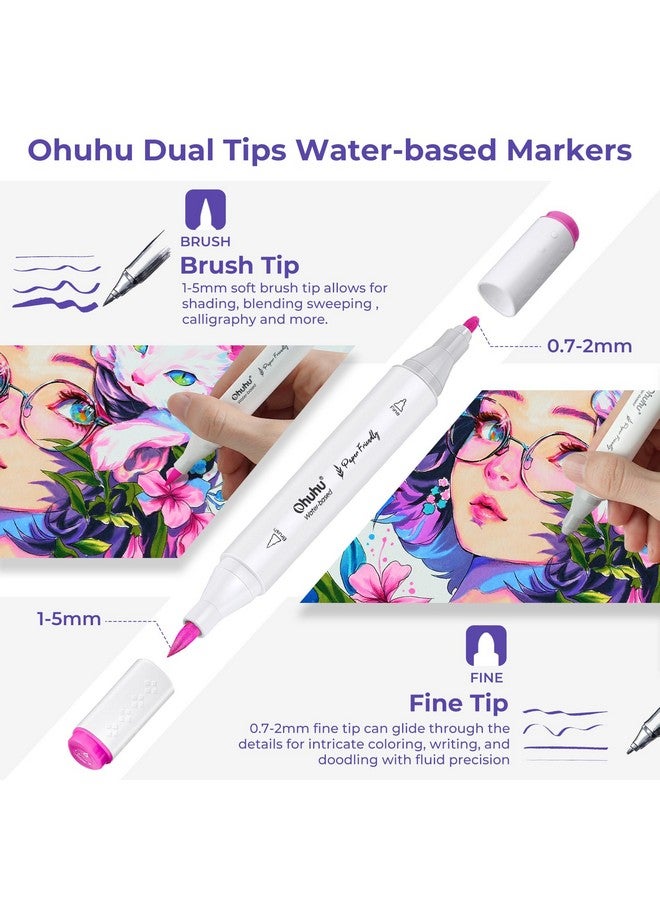 Ohuhu Markers Paper-Friendly No Peeling Water-Based Coloring Markers 60 Colors Dual Brush Fine Tips Markers For Adult Coloring Books No Bleeding Art Markers For Kids Adults Beginner Calligraphy - Image 1
