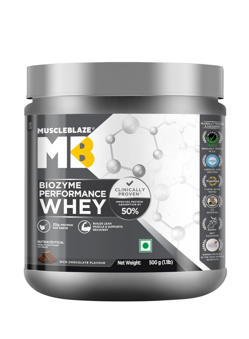 MuscleBlaze Biozyme Performance Whey Protein Powder, Rich Chocolate (500g / 1.1lbs) | 25g Protein Per Scoop | Clinically Tested 50% Higher Protein Absorption - Image 1