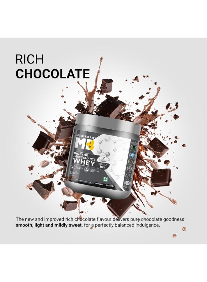 MuscleBlaze Biozyme Performance Whey Protein Powder, Rich Chocolate (500g / 1.1lbs) | 25g Protein Per Scoop | Clinically Tested 50% Higher Protein Absorption - Image 2