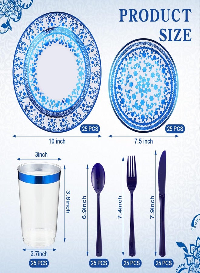 Layhit 25 Sets Plastic Disposable Dinnerware Set Blue and White Floral Tableware Set Include Elegant Flower Paper Plates Cups Fork Spoons Knives for Wedding Bridal Shower Birthday Party Supplies - Image 2