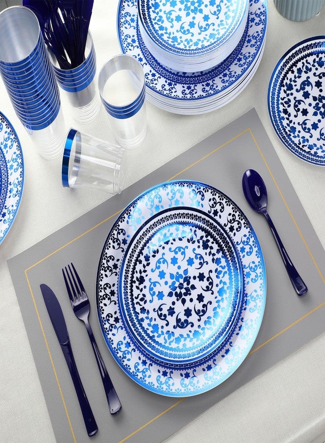 Layhit 25 Sets Plastic Disposable Dinnerware Set Blue and White Floral Tableware Set Include Elegant Flower Paper Plates Cups Fork Spoons Knives for Wedding Bridal Shower Birthday Party Supplies - Image 4
