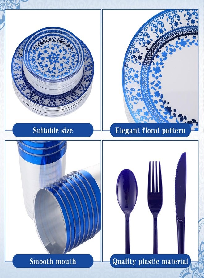 Layhit 25 Sets Plastic Disposable Dinnerware Set Blue and White Floral Tableware Set Include Elegant Flower Paper Plates Cups Fork Spoons Knives for Wedding Bridal Shower Birthday Party Supplies - Image 3