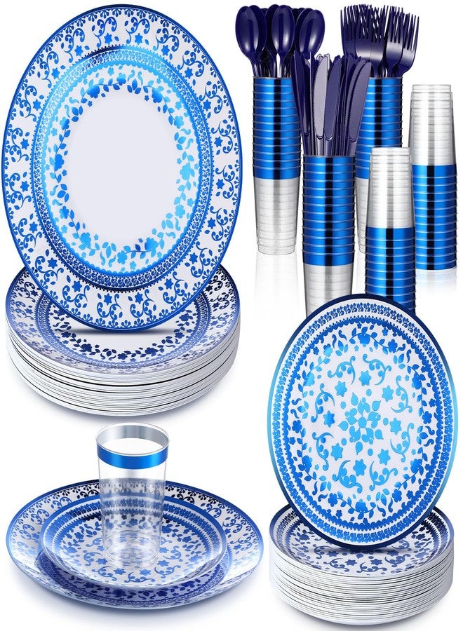 Layhit 25 Sets Plastic Disposable Dinnerware Set Blue and White Floral Tableware Set Include Elegant Flower Paper Plates Cups Fork Spoons Knives for Wedding Bridal Shower Birthday Party Supplies - Image 1