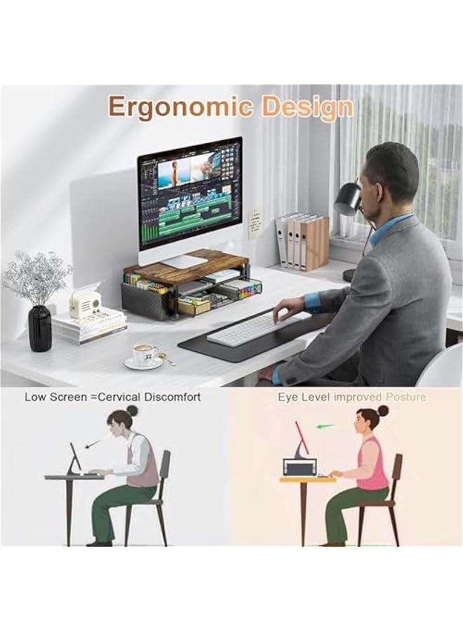 Arabest Wood Monitor Stand Riser, Office Desk Shelf Organizer, Desk Organizer with Drawer and Pen Holder, 2-Tier Computer Stand, Office Organization (Wood) - Image 2