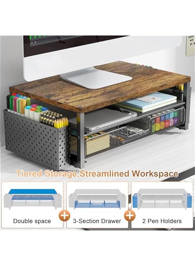 Arabest Wood Monitor Stand Riser, Office Desk Shelf Organizer, Desk Organizer with Drawer and Pen Holder, 2-Tier Computer Stand, Office Organization (Wood) - Image 5