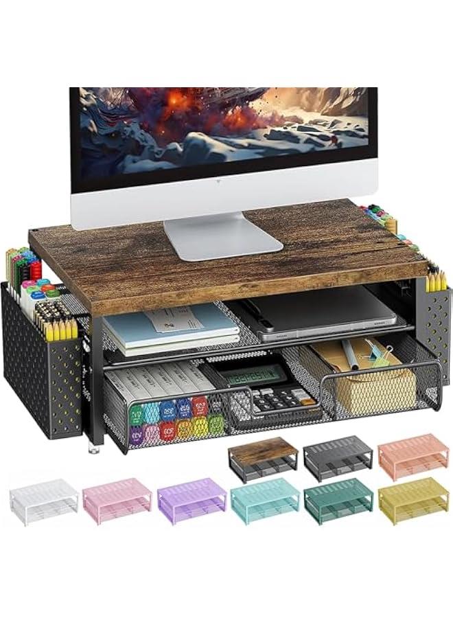 Arabest Wood Monitor Stand Riser, Office Desk Shelf Organizer, Desk Organizer with Drawer and Pen Holder, 2-Tier Computer Stand, Office Organization (Wood) - Image 1