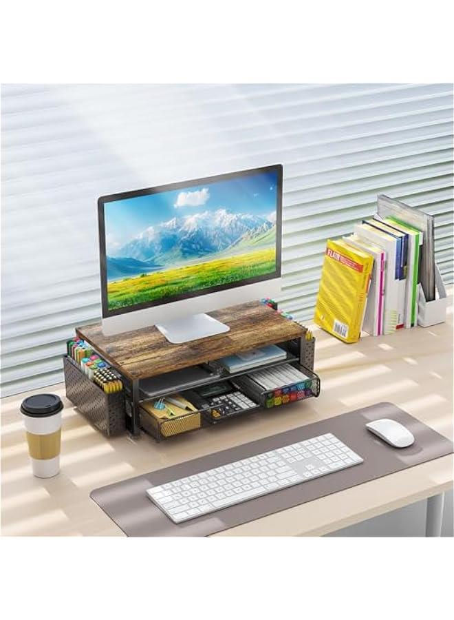 Arabest Wood Monitor Stand Riser, Office Desk Shelf Organizer, Desk Organizer with Drawer and Pen Holder, 2-Tier Computer Stand, Office Organization (Wood) - Image 3