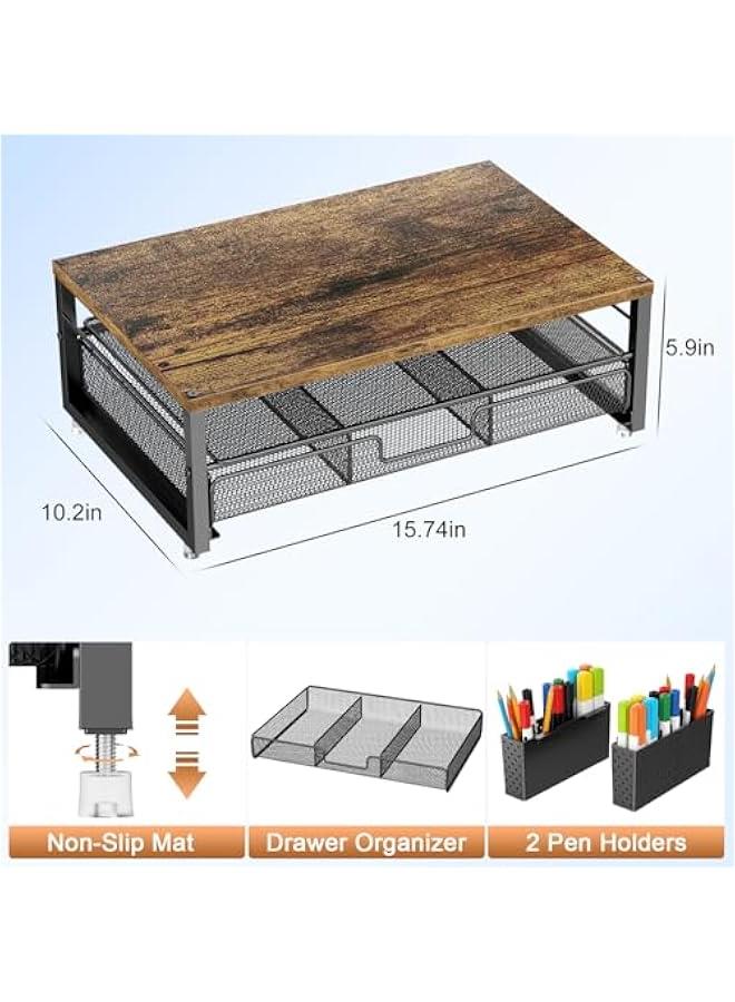 Arabest Wood Monitor Stand Riser, Office Desk Shelf Organizer, Desk Organizer with Drawer and Pen Holder, 2-Tier Computer Stand, Office Organization (Wood) - Image 4