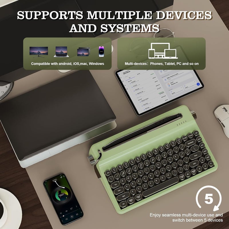QL75 Wireless Typewriter Hot Swap Retro Mechanical Keyboard, Punk Round Keycaps, RGB Backlit QMK/VIA Programmable, Multi-Device Keyboard with 2.4GHz/Type-C/BT5.0 (Green, Onyx Switch) | With Built-in Stand, Punk Round Keys, QMK/VIA Programmable, RGB for Multi-Device Keyboard with 2.4GHz / Type--C/BT5.0 - Image 5