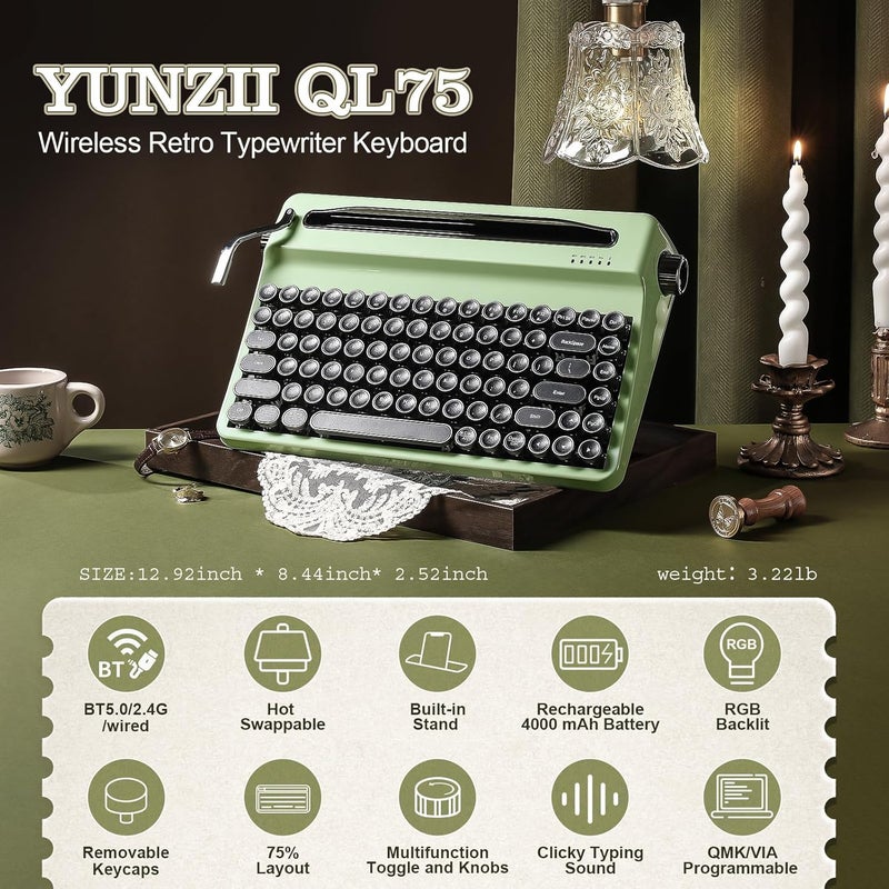QL75 Wireless Typewriter Hot Swap Retro Mechanical Keyboard, Punk Round Keycaps, RGB Backlit QMK/VIA Programmable, Multi-Device Keyboard with 2.4GHz/Type-C/BT5.0 (Green, Onyx Switch) | With Built-in Stand, Punk Round Keys, QMK/VIA Programmable, RGB for Multi-Device Keyboard with 2.4GHz / Type--C/BT5.0 - Image 2