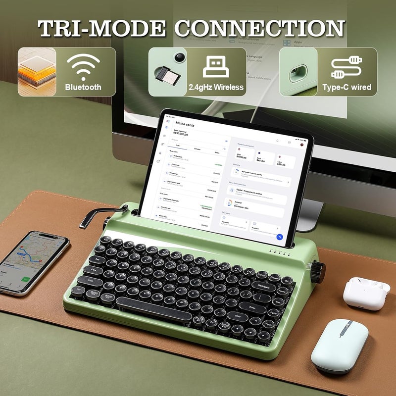 QL75 Wireless Typewriter Hot Swap Retro Mechanical Keyboard, Punk Round Keycaps, RGB Backlit QMK/VIA Programmable, Multi-Device Keyboard with 2.4GHz/Type-C/BT5.0 (Green, Onyx Switch) | With Built-in Stand, Punk Round Keys, QMK/VIA Programmable, RGB for Multi-Device Keyboard with 2.4GHz / Type--C/BT5.0 - Image 4