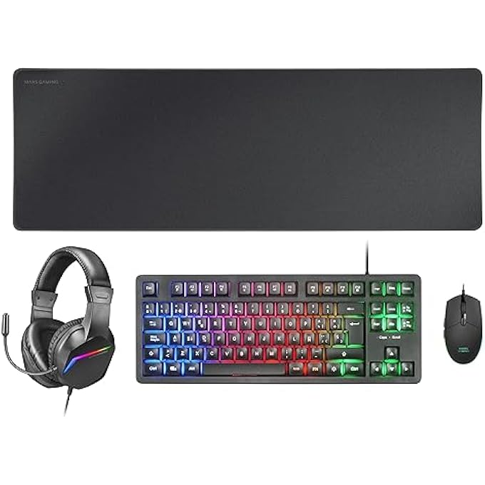 MARS GAMING مارس جيمينغ MCP-RGB3، حزمة لوحة مفاتيح ألعاب ثابتة RGB + فأرة ألعاب RGB تدفق 3200 DPI + سماعة رأس فوق الأذن RGB + وسادة ماوس XXL، سوداء، إيطالية - Image 1