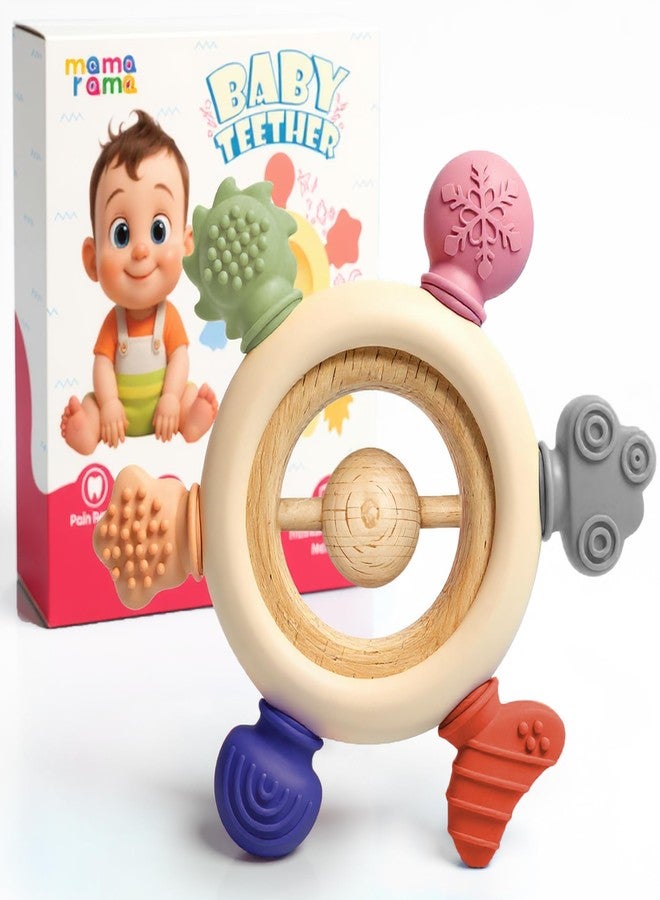 Mamarama Baby Teething Toys 3+ Months - BPA-Free Soft Silicone & Wooden Teether, Chewable Toy for Babies & Kids, Infant Rattle for Mouth & Teeth Relief (Color: Dark, with Ball) - Image 1