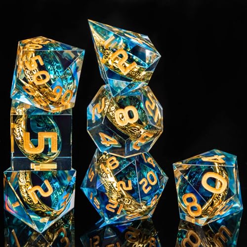 OUKELANWO Magic Lord Rings DND Dice Set with Box 7Pcs Resin LOTR DD Dice Set for Role Playing Game Blue Gold Dungeons Dragons D and D Sharp Edge Dice D20 D12 D10 D8 D6 D4 - Image 5