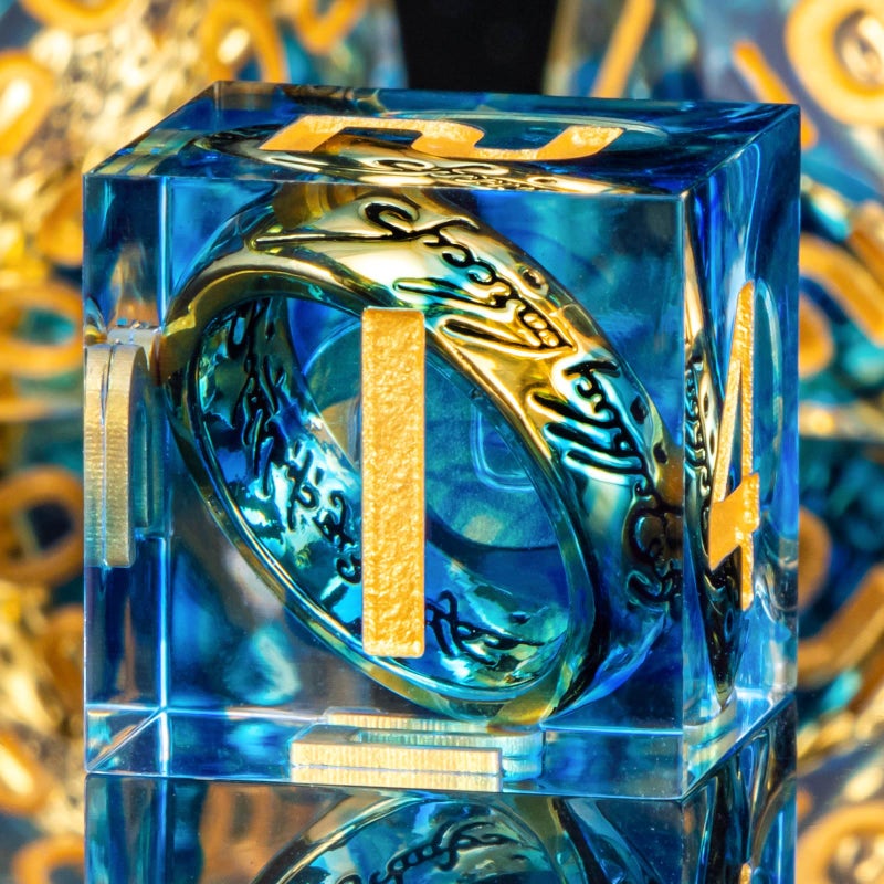 OUKELANWO Magic Lord Rings DND Dice Set with Box 7Pcs Resin LOTR DD Dice Set for Role Playing Game Blue Gold Dungeons Dragons D and D Sharp Edge Dice D20 D12 D10 D8 D6 D4 - Image 3