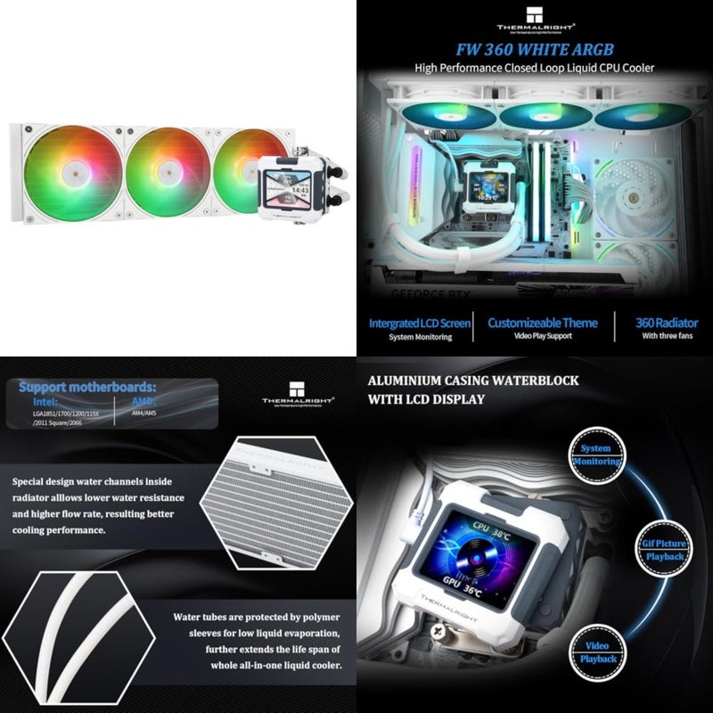 مبرد سائل FW 360 White ARGB V2 AIO CPU، شاشة IPS LCD بدقة 320 * 240، لـ AM4/AM5/Intel LGA1700/1851، شاشة LCD ماصة للمغناطيس مقاس 2.4 بوصة للصور - دقة بيضاء 320 × 240، لـ AM5/AM4، Intel LGA1700/1851، شاشة LCD ماصة للمغناطيس مقاس 2.4 بوصة لـ صور-أبيض - Image 1