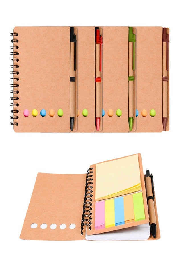 Kisdo 4 Packs Lined Spiral Notebook Kraft Paper Cover Notepad with Pen in Holder, Sticky Notes and Page Marker Colored Index Tabs, 4.5“x5.5” Steno Pocket Business Notebook - Image 1