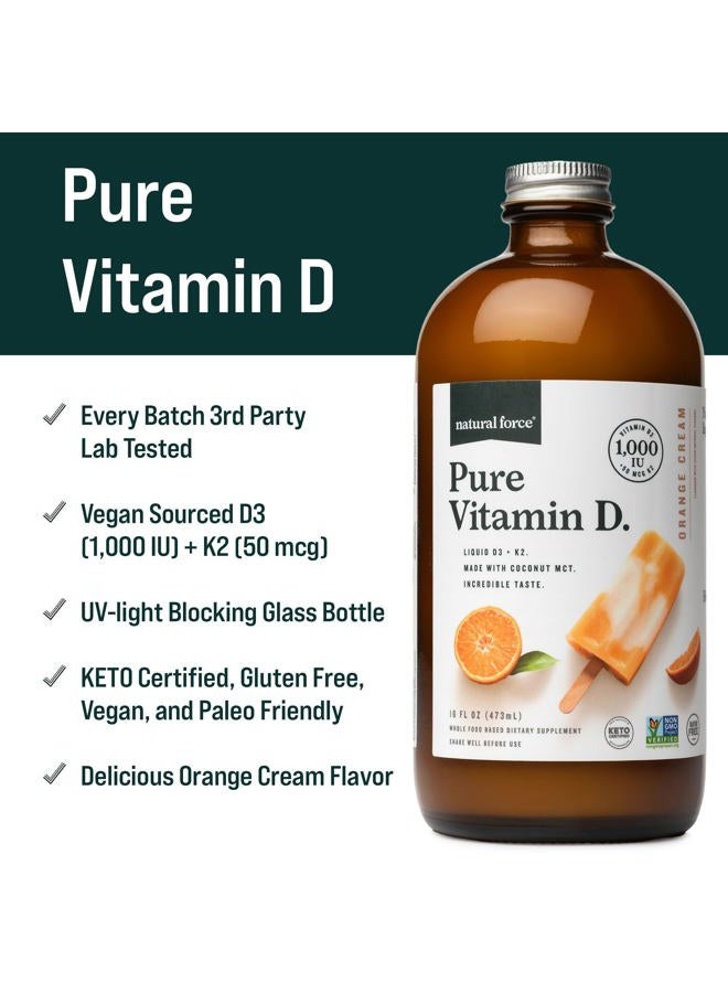 Natural Force Pure Vitamin D – Liquid D3 & K2 with Coconut MCT –1,000 IU, Immunity & Nutrient Absorption Booster- Vegan - Orange Cream, 16 fl oz - Image 2
