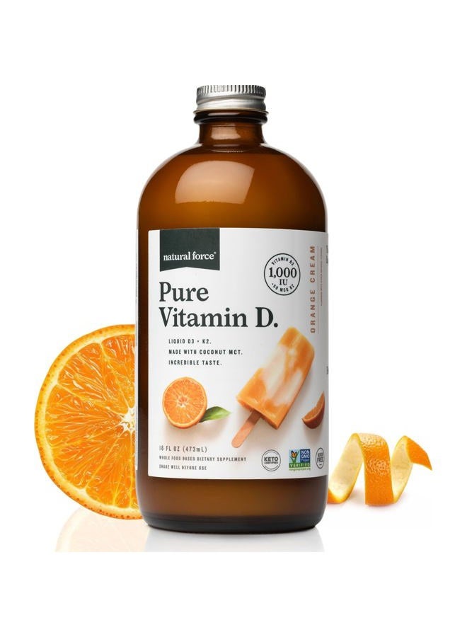 Natural Force Pure Vitamin D – Liquid D3 & K2 with Coconut MCT –1,000 IU, Immunity & Nutrient Absorption Booster- Vegan - Orange Cream, 16 fl oz - Image 1