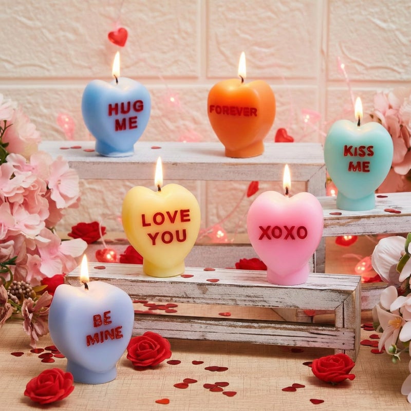 MTLEE 6 Pcs Valentine's Day Heart Candles Conversation Heart Decor Galentines Gifts XOXO Be Mine Kiss Me Love You Scented Tabletop Centerpiece for Valentines Anniversary Wedding (Pastel Color) - Image 1