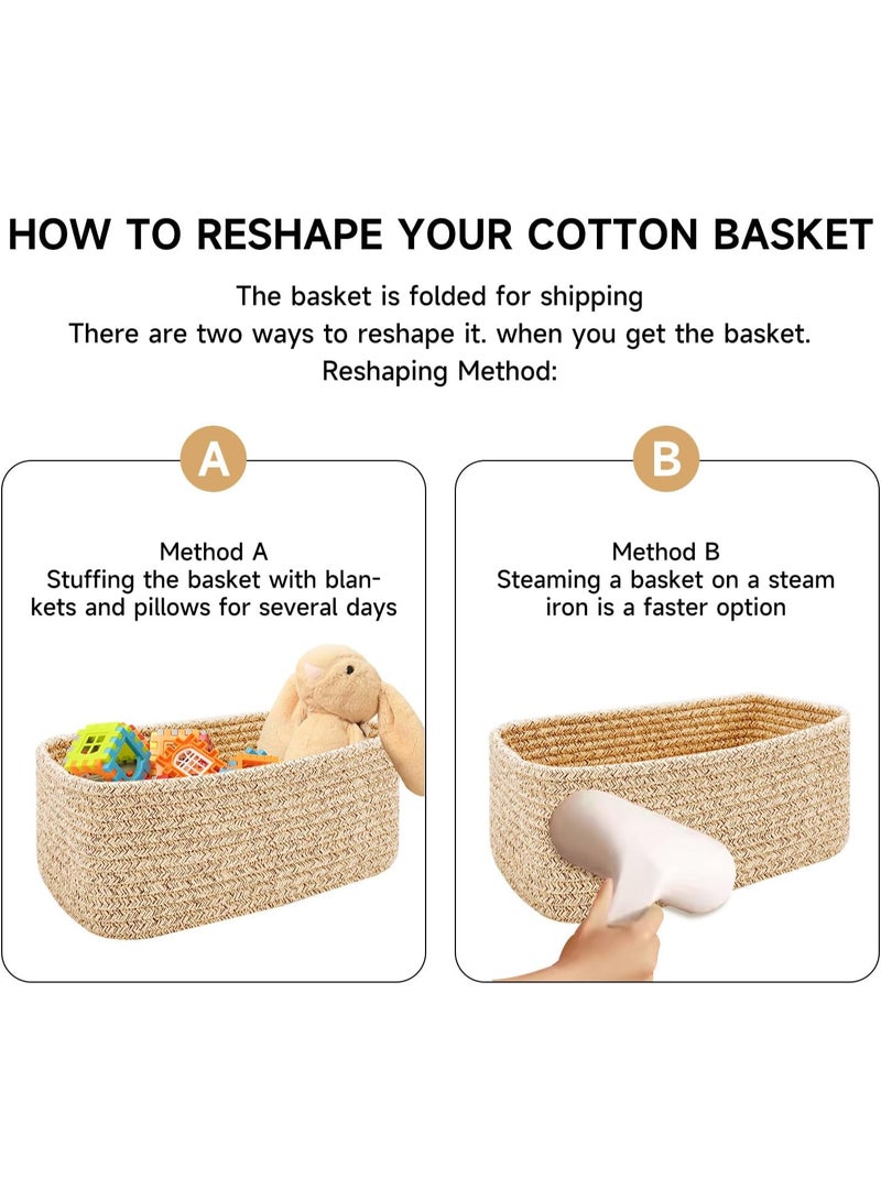 Kawkab Linen-colored shelf storage basket, 3-piece set, dimensions: 30 x 19 x 12 cm. Small cotton rope woven basket, suitable for nurseries, bathrooms, closets, cube shelves, decorative items, and gift baskets. Used for organizing bathroom shelves, small cotton woven baskets, and nursery decorative baskets. - Image 3