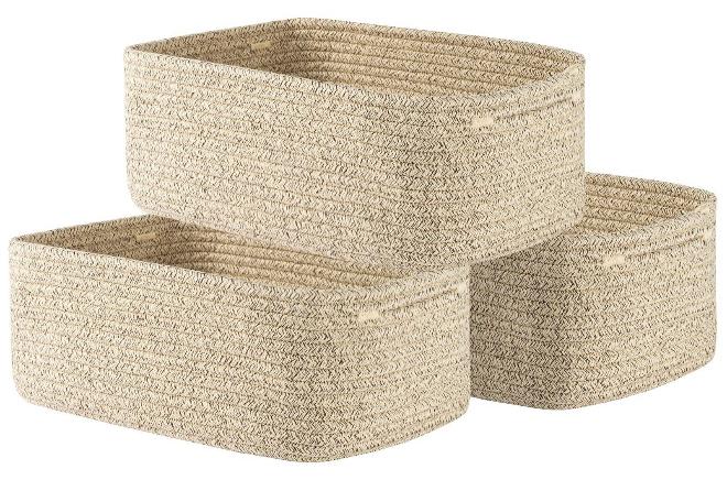 Kawkab Linen-colored shelf storage basket, 3-piece set, dimensions: 30 x 19 x 12 cm. Small cotton rope woven basket, suitable for nurseries, bathrooms, closets, cube shelves, decorative items, and gift baskets. Used for organizing bathroom shelves, small cotton woven baskets, and nursery decorative baskets. - Image 1