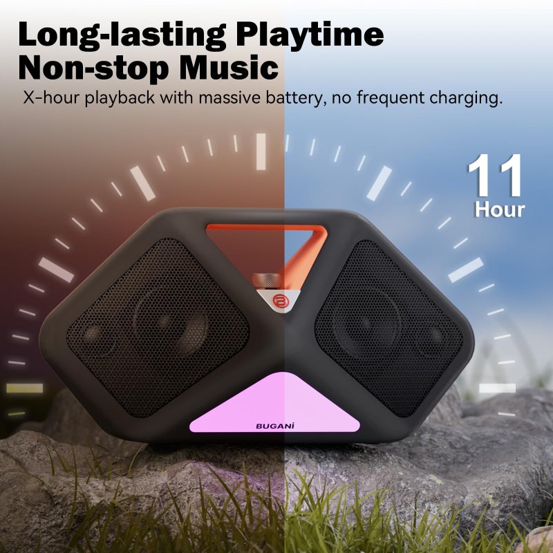 BUGANI Bluetooth Speaker 120W Peak Power, Waterproof Party Speaker with Subwoofer, 12H Wireless Playtime, Portable Outdoor Speaker for Camping & Beach, IPX5 Water-Resistant - Image 5