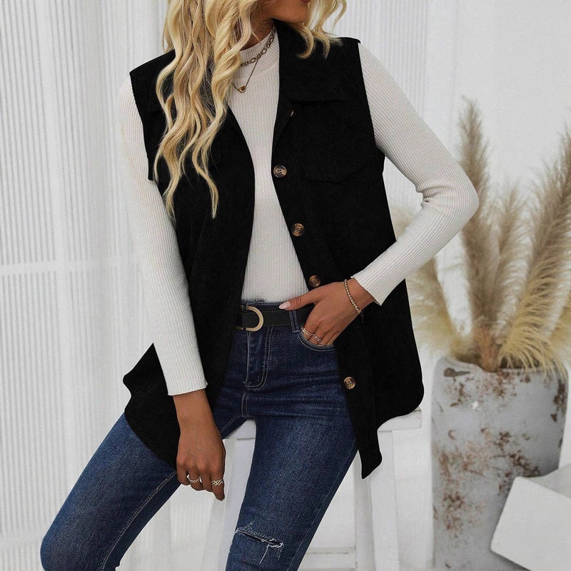 Women's Corduroy Vest Open Front Lapel Casual Office Cardigan - Image 2