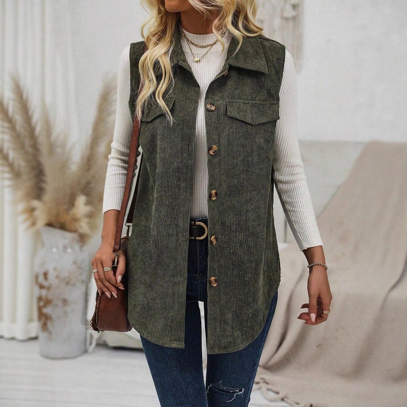 Women's Corduroy Vest Open Front Lapel Casual Office Cardigan - Image 3