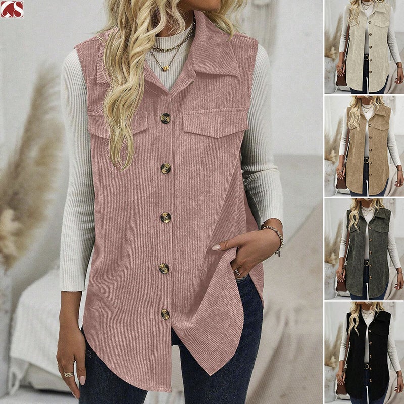 Women's Corduroy Vest Open Front Lapel Casual Office Cardigan - Image 1