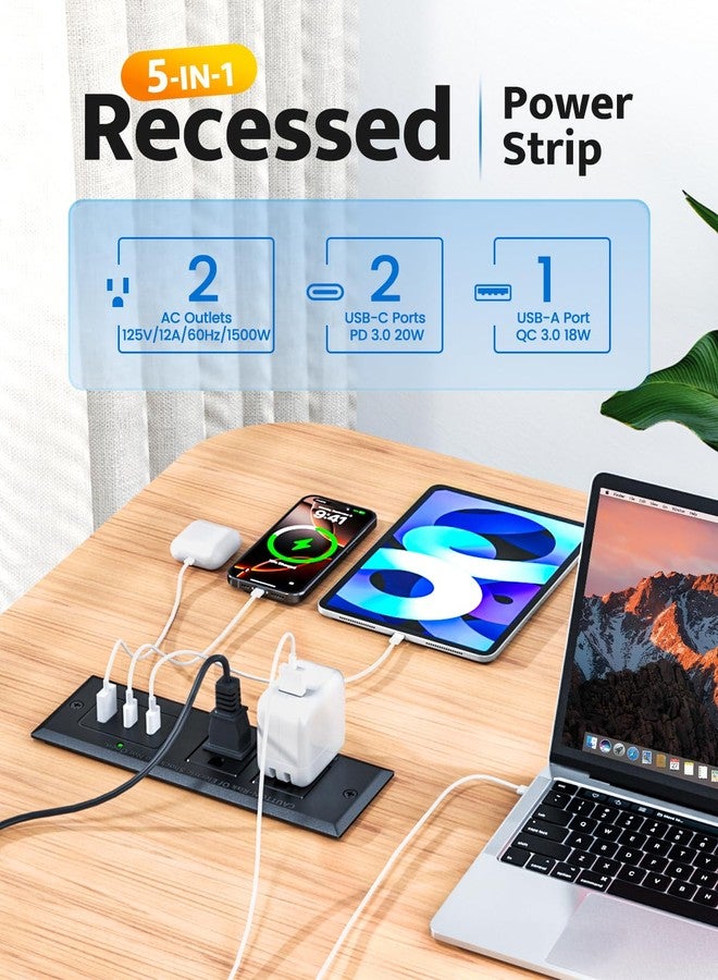 DOACE Recessed Power Strip with 20W USB C Port, Fast Charging USB A Port Conference Recessed Outlet, Space-Saver for Furniture Side Table, End Table, Desk Outlet with 6ft Cord, 45° Thin Flat Plug, Black - Image 2
