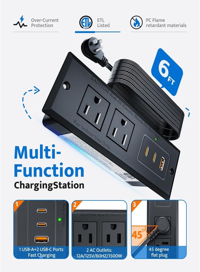 DOACE Recessed Power Strip with 20W USB C Port, Fast Charging USB A Port Conference Recessed Outlet, Space-Saver for Furniture Side Table, End Table, Desk Outlet with 6ft Cord, 45° Thin Flat Plug, Black - Image 4