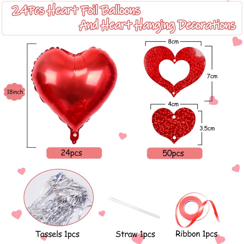 Douvelue Red Heart Balloons, 24Pcs 18Inch Red Foil Heart Shaped Love Balloons and 50Pcs Heart Hanging Streamer for Valentines Day Decorations, Birthday, Proposal, Wedding Party - Image 2