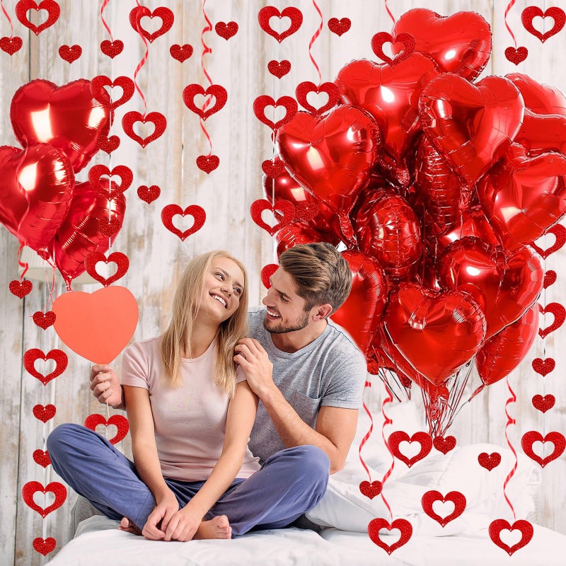 Douvelue Red Heart Balloons, 24Pcs 18Inch Red Foil Heart Shaped Love Balloons and 50Pcs Heart Hanging Streamer for Valentines Day Decorations, Birthday, Proposal, Wedding Party - Image 5