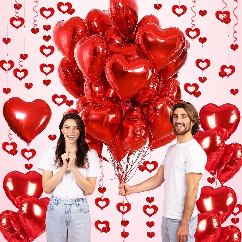 Douvelue Red Heart Balloons, 24Pcs 18Inch Red Foil Heart Shaped Love Balloons and 50Pcs Heart Hanging Streamer for Valentines Day Decorations, Birthday, Proposal, Wedding Party - Image 3