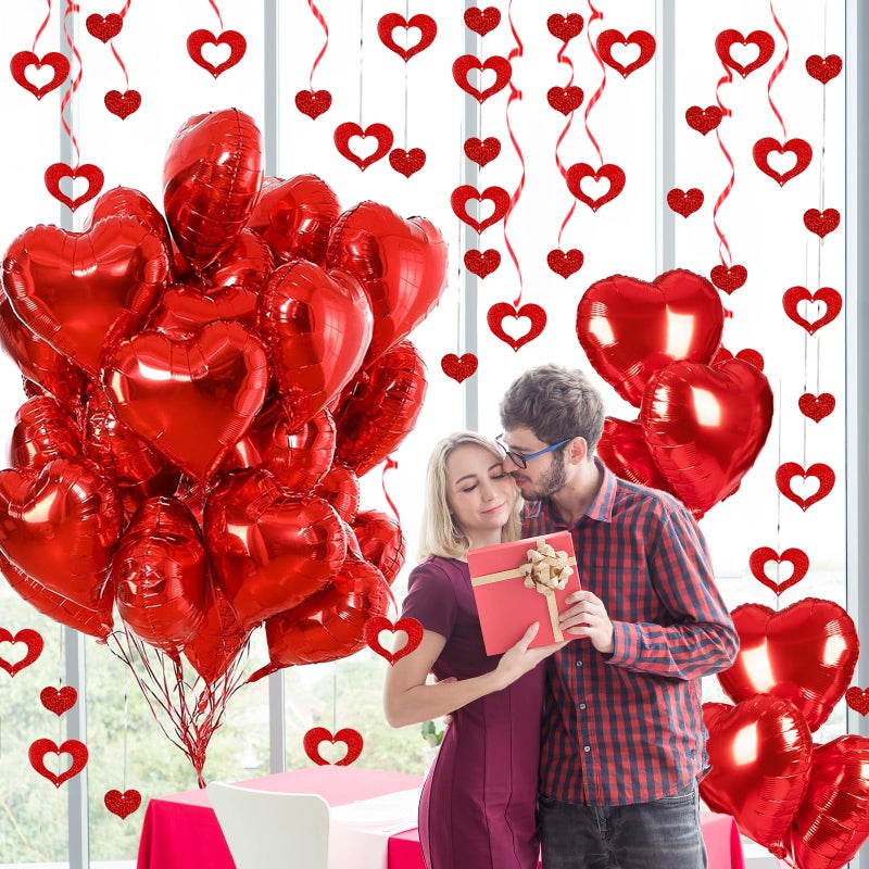 Douvelue Red Heart Balloons, 24Pcs 18Inch Red Foil Heart Shaped Love Balloons and 50Pcs Heart Hanging Streamer for Valentines Day Decorations, Birthday, Proposal, Wedding Party - Image 4
