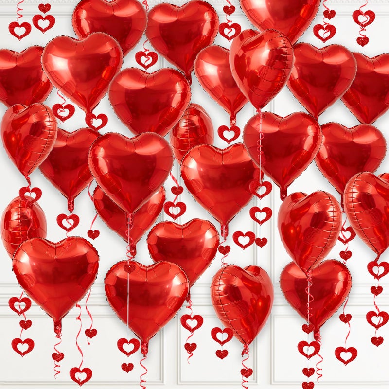 Douvelue Red Heart Balloons, 24Pcs 18Inch Red Foil Heart Shaped Love Balloons and 50Pcs Heart Hanging Streamer for Valentines Day Decorations, Birthday, Proposal, Wedding Party - Image 1