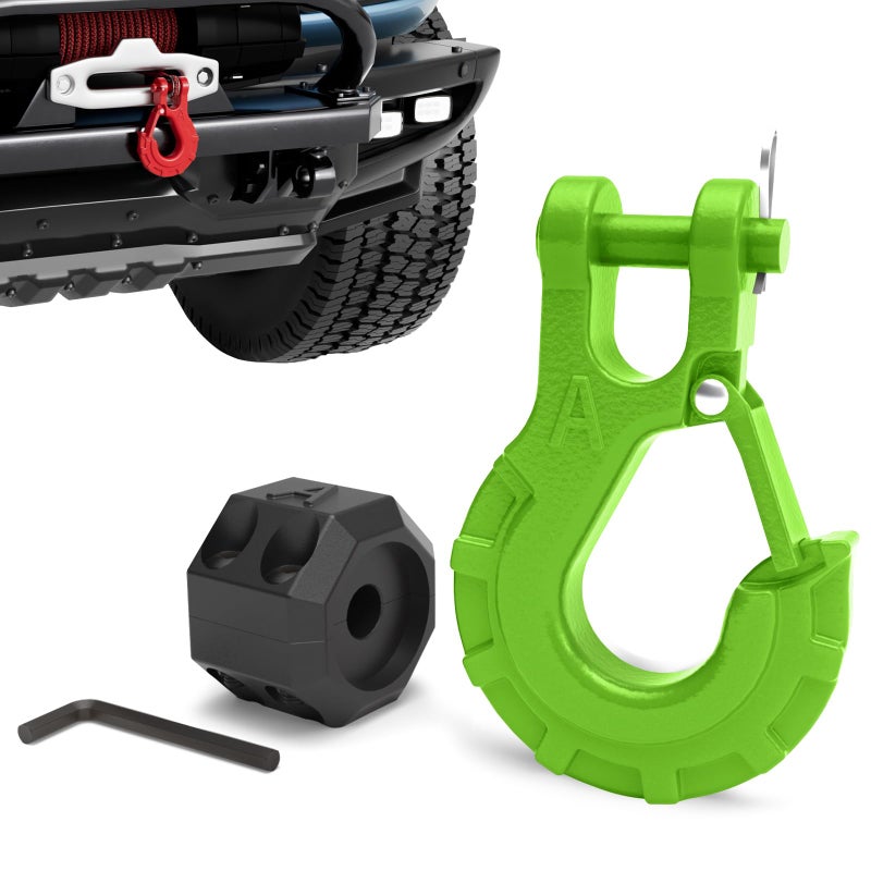 AMBULL 38 Winch Hook  Winch Cable Hook Stopper Sets Heavy Duty Grade 70 Forged Steel Recovery Hook with Safety Latch Included Allen WrenchMax 37478 Lbs Green