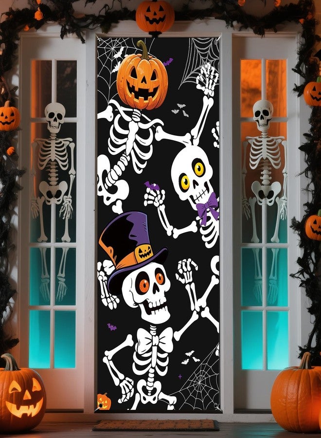 REDWORD Halloween Door Cover, 79 * 35inch Skeleton Halloween Door Decorations Skeleton Door Sign Banner for Haunted House Indoor Outdoor Party Window Wall Decor - Image 1