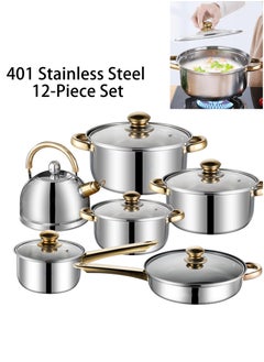Halamine 12 Pieces 401 Stainless Steel Cookware Set， Induction Compatible Non-Toxic Pots & Pans with Glass Lids  - Image 1