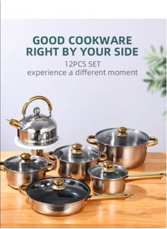 Halamine 12 Pieces 401 Stainless Steel Cookware Set， Induction Compatible Non-Toxic Pots & Pans with Glass Lids  - Image 4