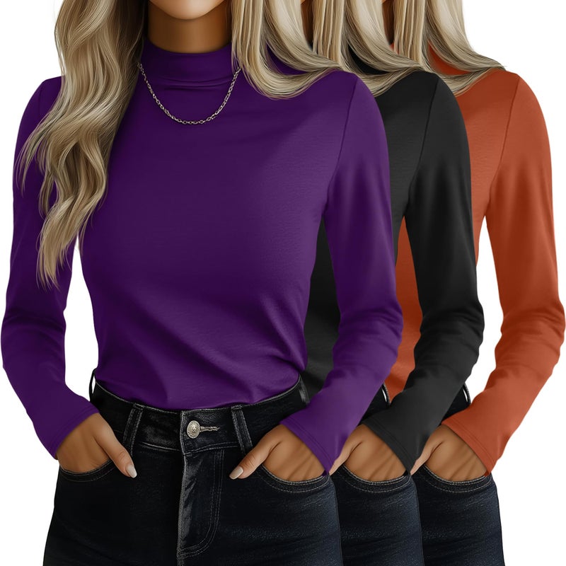 Ficerd 3 Pack Womens Mock Turtleneck Shirts Long Sleeve Mock Neck Pullover Tops Slim Fitted Stretch Undershirt Tee BlousePurple Black Orange RedLarge - Image 2