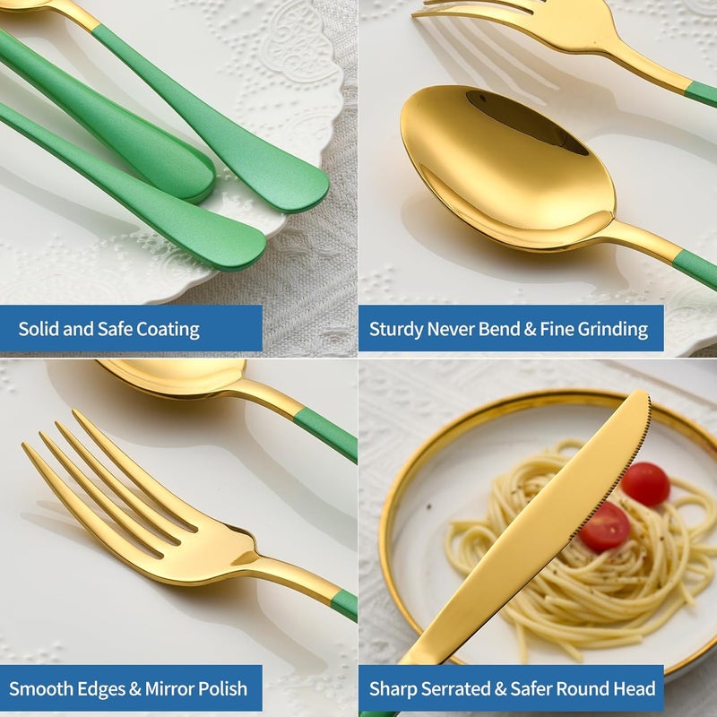 Moxinox 20-Piece Green & Gold Silverware Set, 18/0 Stainless Steel Colorful Handle Flatware Set,Service for 4,Modern Cutlery Set Includes Dinner Knives Forks Spoons,Mirror Polished,Dishwasher Safe - Image 5