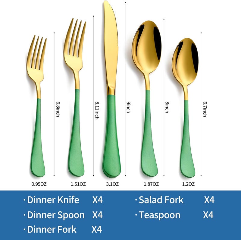 Moxinox 20-Piece Green & Gold Silverware Set, 18/0 Stainless Steel Colorful Handle Flatware Set,Service for 4,Modern Cutlery Set Includes Dinner Knives Forks Spoons,Mirror Polished,Dishwasher Safe - Image 2