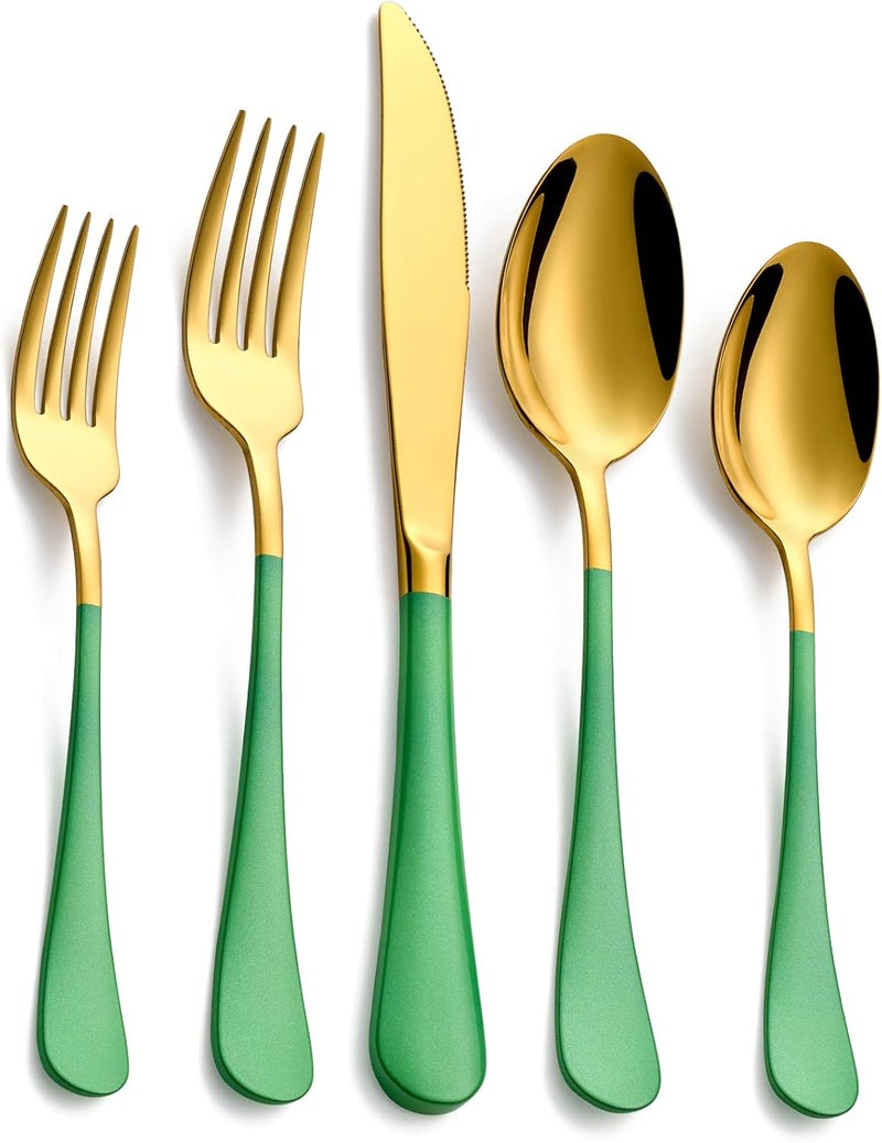 Moxinox 20-Piece Green & Gold Silverware Set, 18/0 Stainless Steel Colorful Handle Flatware Set,Service for 4,Modern Cutlery Set Includes Dinner Knives Forks Spoons,Mirror Polished,Dishwasher Safe - Image 1