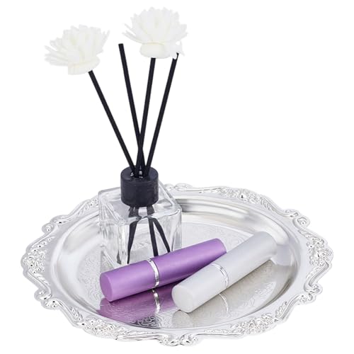 PH PandaHall 7.8" Silver Tray Jewellery Display Tray Serving Tray Decorative Round Platter Vintage Style Candle Tray Dispenser for Wedding Party Home Kitchen Centerpiece Display Perfume Organizer - Image 1