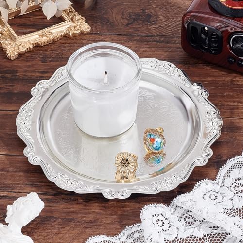 PH PandaHall 7.8" Silver Tray Jewellery Display Tray Serving Tray Decorative Round Platter Vintage Style Candle Tray Dispenser for Wedding Party Home Kitchen Centerpiece Display Perfume Organizer - Image 5