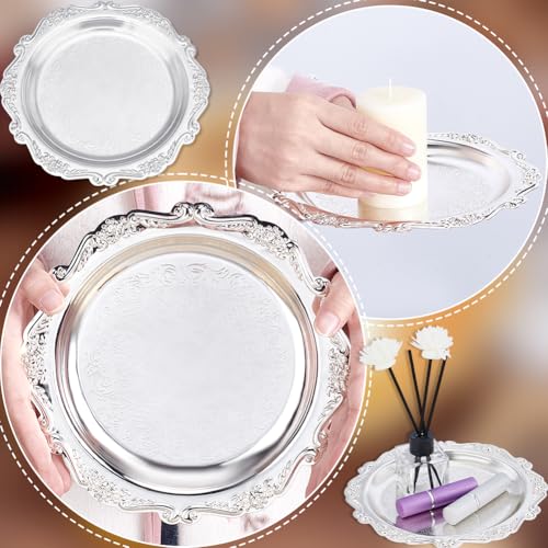 PH PandaHall 7.8" Silver Tray Jewellery Display Tray Serving Tray Decorative Round Platter Vintage Style Candle Tray Dispenser for Wedding Party Home Kitchen Centerpiece Display Perfume Organizer - Image 3