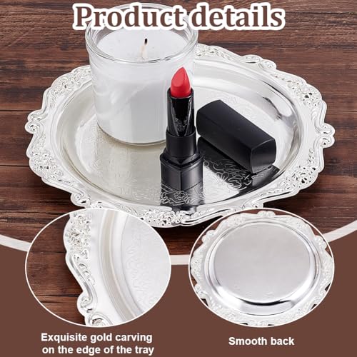 PH PandaHall 7.8" Silver Tray Jewellery Display Tray Serving Tray Decorative Round Platter Vintage Style Candle Tray Dispenser for Wedding Party Home Kitchen Centerpiece Display Perfume Organizer - Image 4